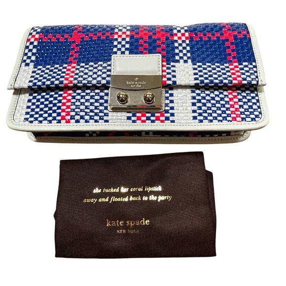 Kate spade clutch purse with dustbag blue white pink woven plaid front flap chic - Picture 1 of 16